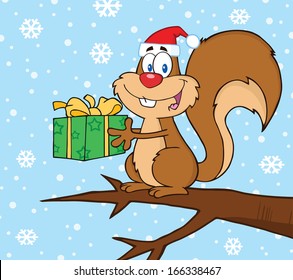 Happy Squirrel With Santa Hat Holding A Gift In The Snow. Vector Illustration I 