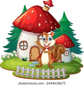 A happy squirrel standing outside a fantasy mushroom home.