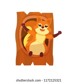 Happy squirrel with wide open paws sitting in hollow on tree. Forest rodent with fluffy tail and tassels on ears. Flat vector design