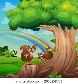 Happy squirrels cartoon playing under the tree