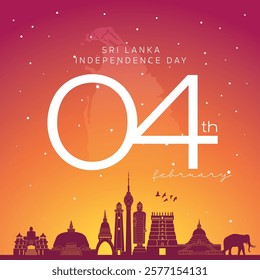 Happy Sri Lanka Independence Day Greeting Card and Post. Independence Day of Sri Lanka with Text and Skyline Vector Illustration