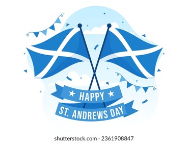 Happy St Andrew Day Vector Illustration on 30 November with Scotland Flag in National Holiday Celebration Flat Cartoon Blue Background Design