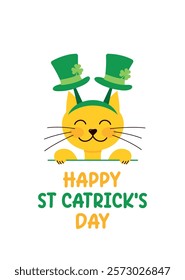 happy st catrick's day, cute cat with leprechaun hat headband, Saint Patrick's Day card, vector illustration