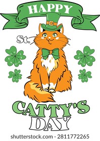 Happy St. Catty's Day cat with shamrock banner illustration