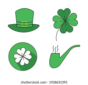 Happy St. Colorful icon design for St. Patricks day. Clover, green hat, pipe and badge design. Irish National Holiday. Vector illustration isolated on white background.