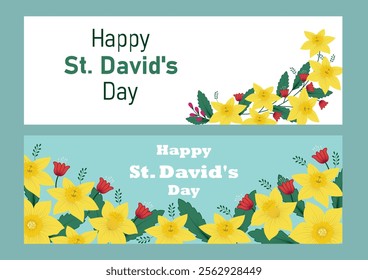 Happy St David's Day banners. Yellow Daffodils in Flat Cartoon Hand Drawn Templates