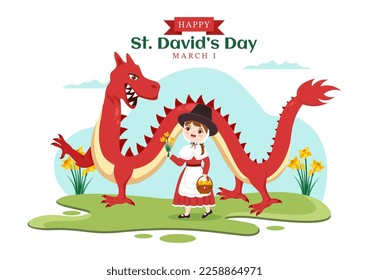 Happy St. David's Day am 1. März Illustration mit Kindern Welsh Dress, Drachen und gelben Düften in flachem Cartoon Hand gezeichnet für Landing Page Templates