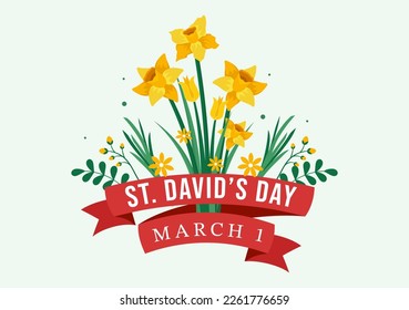Happy St David's Day on March 1 Illustration with Welsh Dragons and Yellow Daffodils for Landing Page in Flat Cartoon Hand Drawn Templates svg