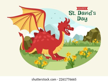 Happy St. David's Day am 1. März Illustration mit walisischen Drachen und gelben Düften für Landing Page in flachen Cartoon handgezeichnet Vorlagen