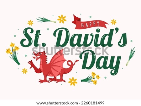 Happy St David's Day on March 1 Illustration with Welsh Dragons and Yellow Daffodils for Landing Page in Flat Cartoon Hand Drawn Templates