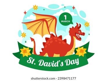 Feliz Día de San David: Ilustración vectorial el 1 de marzo con drones galeses y folletos amarillos en celebración Diseño de fondo de caricatura plana