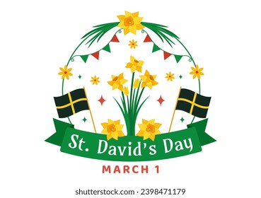 Happy St David's Day Vector Illustration on March 1 with Welsh Dragons and Yellow Daffodils in Celebration Holiday Flat Cartoon Background Design