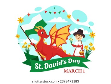 Happy St David's Day Vector Illustration on March 1 with Kids, Welsh Dragons and Yellow Daffodils in Celebration Holiday Cartoon Background Design