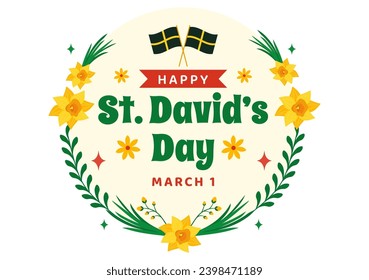 Happy St David's Day Vector Illustration on March 1 with Welsh Dragons and Yellow Daffodils in Celebration Holiday Flat Cartoon Background Design