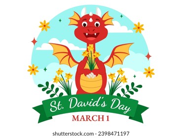 Feliz Día de San David: Ilustración vectorial el 1 de marzo con drones galeses y folletos amarillos en celebración Diseño de fondo de caricatura plana