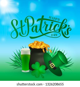 Happy St. Patrick’s day calligraphy hand lettering, Leprechaun`s hat, clover, green beer and pot of golden coins. Saint Patricks day greeting card, party invitation, poster, etc. Vector illustration.
