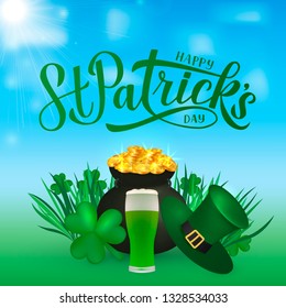 Happy St. Patrick’s day calligraphy hand lettering, Leprechaun`s hat, pot of golden coins, clover, and green beer. Saint Patricks day greeting card, party invitation, poster, etc. Vector illustration.