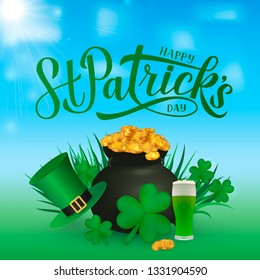 Happy St. Patrick’s day calligraphy hand lettering, pot of golden coins, Leprechaun`s hat, clover, and green beer. Saint Patricks day greeting card, party invitation, poster, etc. Vector illustration