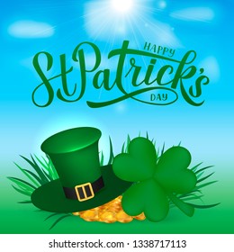 Happy St. Patrick’s day calligraphy hand lettering, Leprechaun`s hat, clover and golden coins. Saint Patricks day greeting card, party invitation, banner, poster, flyer. Vector illustration.