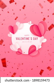 Happy St. Valentine’s Day card with 3d paper hearts and flying confetti. Vector holiday design template. Red concept sale banner or greeting card