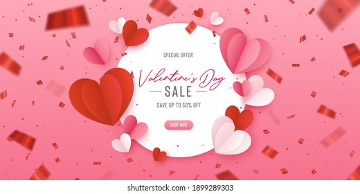 Happy St. Valentine’s Day card with 3d paper hearts and flying confetti. Vector holiday design template. Red concept sale banner or greeting card.
