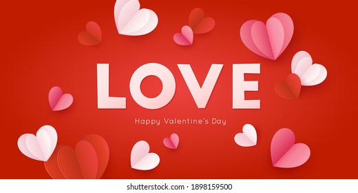 Happy St. Valentine’s Day card with paper word love and flying paper hearts. Vector holiday design template. Red concept sale banner or greeting card 