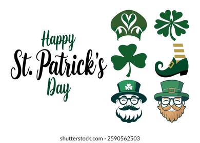 Happy St. Patrick’s Day element set. Vector Illustration with Shamrocks, Leprechaun Hats, and Festive Elements.