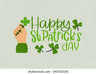 Happy St. Patrick’s day greeting card with raised hand and four-leaf clover vector hand-drawn clipart.