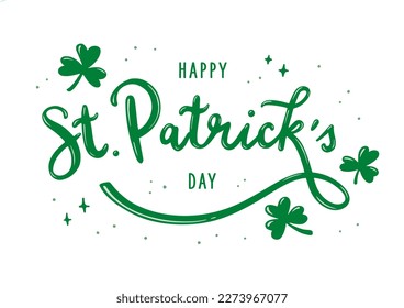 Happy St. Patrick’s Day Handlettering Design With Glossy Effect. Vector Graphic With Decorative Typography In Green Color And Clover Leaves On White Background. Isolated Elements.