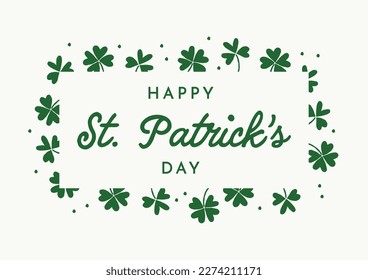 Happy St. Patrick’s Day Lettering In A Frame Of Clovers On A White Background. Vector Graphic. Isolated Elements.