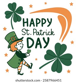 Happy St. Patrick’s Day Lettering Poster with Green Shamrock and Orange Stars.