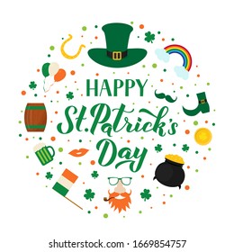 Feliz día de San Patricio con símbolos irlandeses tradicionales: sombrero verde, hoja de shamrock, Leprechaun, maceta de tesoro, monedas de oro, herradura, tazón de cerveza. Ilustración vectorial.