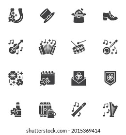 Happy St. Patrick’s Day Vector Icons Set, Modern Solid Symbol Collection, Filled Style Pictogram Pack. Signs, Logo Illustration. Set Includes Icons As Shamrock, Leprechaun Hat, Gold Coins, Beer, Music