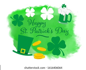 Happy St. Patrick’s day watercolor splash background illustration with shamrocks, leprechaun hat, green beer and gold coins. Digital created vector.