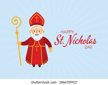 Happy St. Nicholas Day vector. Feast of Saint Nicholas greeting card vector. Cheerful Saint Nicholas with a crutch and a red robe icon vector. Important day