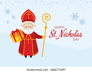 Happy St. Nicholas Day vector. Feast of Saint Nicholas greeting card vector. St. Nicholas with gift box vector. St. Nicholas with a crutch and a red robe in a snowy landscape vector. Important day