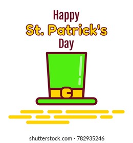 Happy St. Partic Day greeting card. The green hat of the leprechaun and the greeting inscription. Flat icon isolated on white background. Vector illustration.