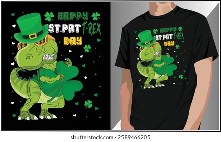 Happy St Pat-Rex Day St Patrick's Day T Shirt Design, St Patrick's Day Design, T-rex Lover, Saint Paddys Day Vector, Green Irish Dinosaur Shamrock T Shirt.