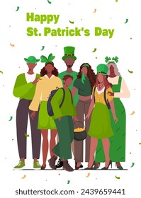 Happy St. Patrick Day. Happy African American family stand together in green leprechaun hats and festive outfits in green colors celebrating St Patrick day. Parents, grandparents and grandchildren. 