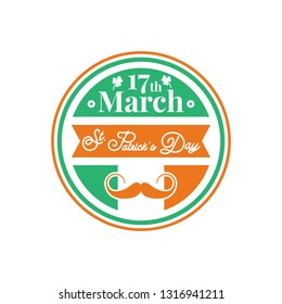Happy St. Patrick Day banner. Badge in green and orange colors for Saint Patrick Day. Vector illustration.