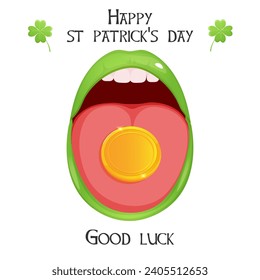 Happy st. Patrick day banner, card, social media post template with green open lips and gold coin