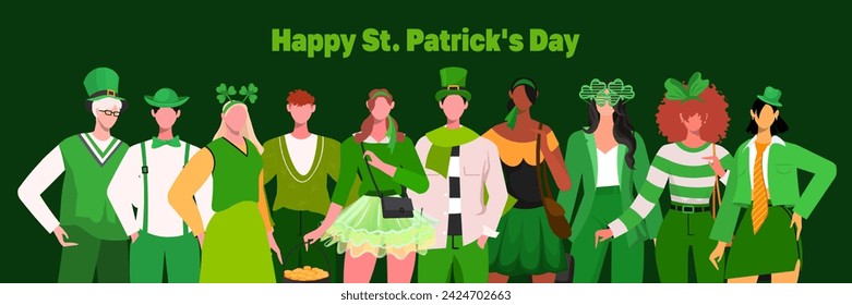 Happy St. Patrick Day Banner. A group of diverse people of different in green leprechaun hats and festive outfits in green colors celebrating St Patricks day. People stand side by side together. 