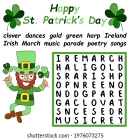 Happy St Patrick Day big word search puzzle stock vector illustration. Colorful educational puzzle for children printable activity page. Help Patrick to find and mark all hidden words into the puzzle