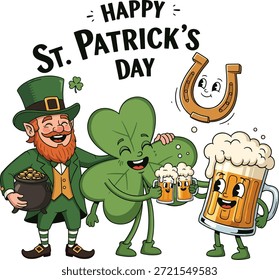 Dibujos animados del día de San Patricio con trébol de duende y personajes de cerveza animando juntos. Divertida Ilustración vectorial plana para camisetas, carteles, pegatinas, gráficos de fiesta y marca festiva.
