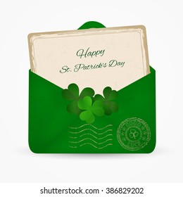 Happy St. Patrick Day celebration green mail envelope with stamp and clover. Vector illustration.