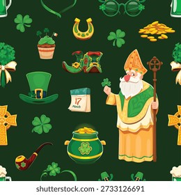 Feliz dia de São Patrício personagens padrão sem costura. Cartoon St Patrick personagem segurando shamrock cercado por sapatos de duende festivo, chapéus verdes e moedas de ouro, calendário, pote de ouro e ferradura