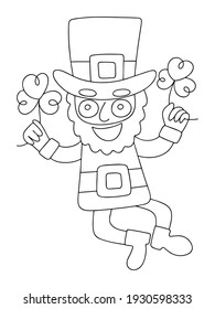 Happy St Patrick Day coloring page for children and adults stock vector illustration. Happy Saint Patrick with two clovers black outline white isolated. Funny spring Irish festival vertical worksheet