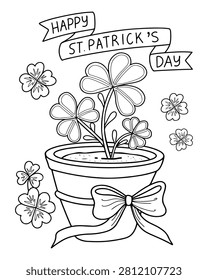 Happy St. Patrick Day coloring page. Hand drawn vector. Potted clover. Gift plant. Lucky flower. Irish holiday. Flora, botany. Illustration coloring book.