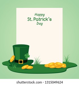 Happy St Patrick Day congratulation banner with tradition holiday symbols.