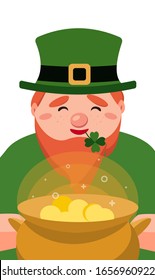 Happy St. Patrick day. A cute cartoon leprechaun holding a pot of shiny coins. Elf behind a cauldron with gold. March seasonal holiday. Modern flat vector illustration. Isolated on a white background.
